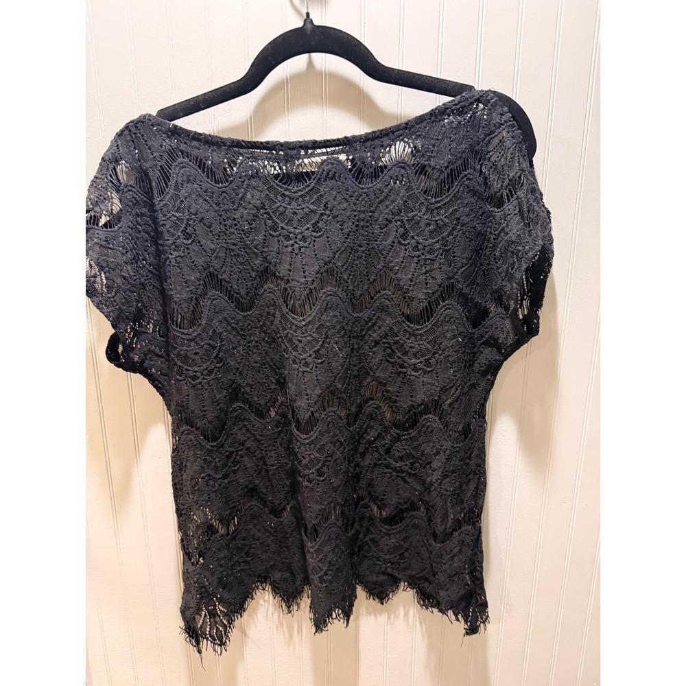 Avalin Womens Black Lace Chevron Crochet Short Sleeve Boat Neck Top Size M